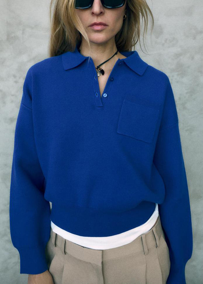 Simple Blue Peter Pan Collar Button Cotton Sweatshirt Fall