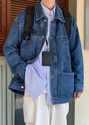 Simple Blue Peter Pan Collar Pockets Denim Mens Coats Spring