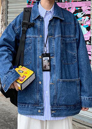 Simple Blue Peter Pan Collar Pockets Denim Mens Coats Spring