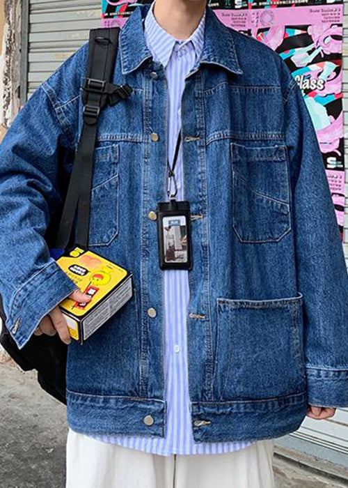 Simple Blue Peter Pan Collar Pockets Denim Mens Coats Spring