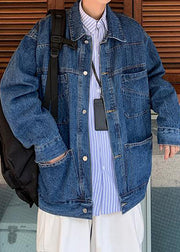 Simple Blue Peter Pan Collar Pockets Denim Mens Coats Spring