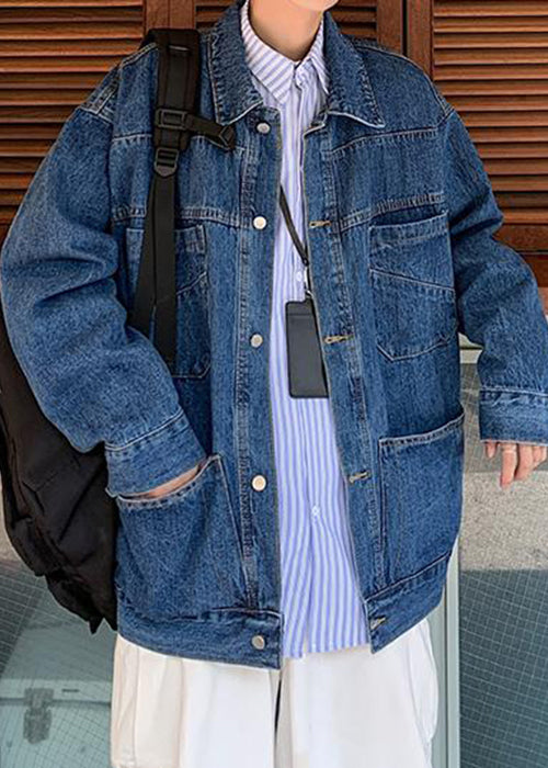 Simple Blue Peter Pan Collar Pockets Denim Mens Coats Spring