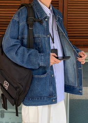 Simple Blue Peter Pan Collar Pockets Denim Mens Coats Spring
