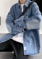 Simple Blue Peter Pan Collar Pockets Patchwork Denim Mens Shirts Spring