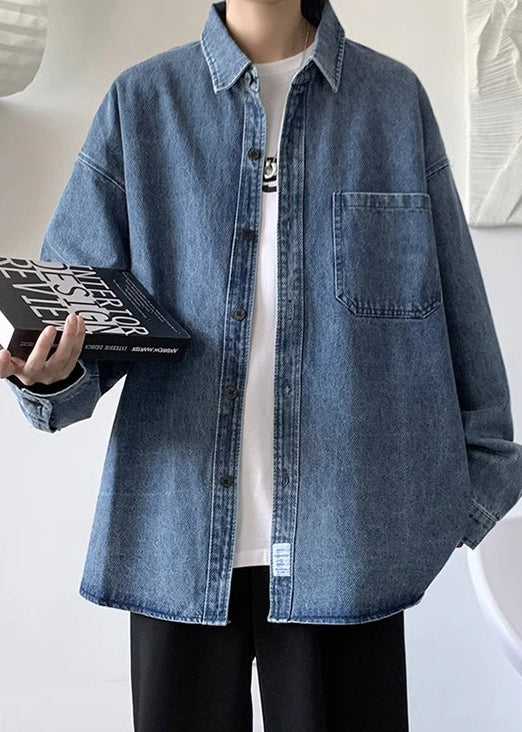 Simple Blue Peter Pan Collar Pockets Patchwork Denim Mens Shirts Spring
