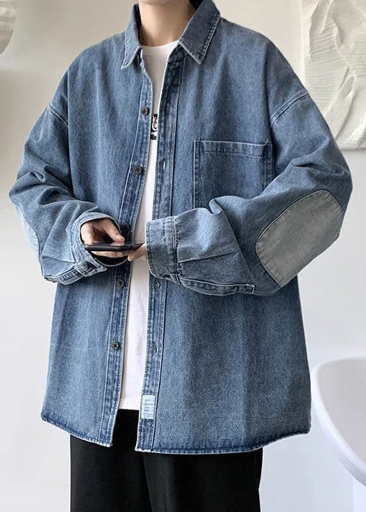 Simple Blue Peter Pan Collar Pockets Patchwork Denim Mens Shirts Spring