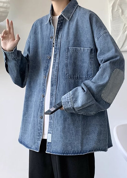 Simple Blue Peter Pan Collar Pockets Patchwork Denim Mens Shirts Spring