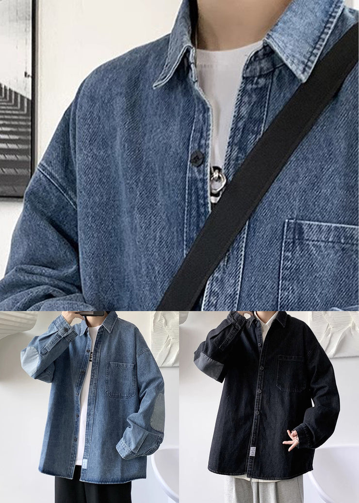 Simple Blue Peter Pan Collar Pockets Patchwork Denim Mens Shirts Spring