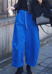 Simple Blue Pockets Elastic Waist Corduroy Wide Leg Pants Fall