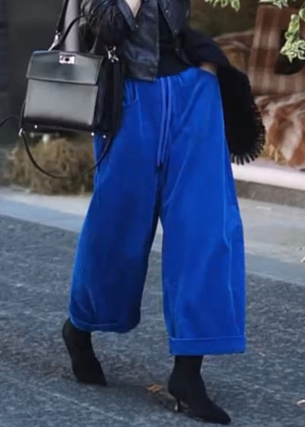 Simple Blue Pockets Elastic Waist Corduroy Wide Leg Pants Fall