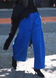 Simple Blue Pockets Elastic Waist Corduroy Wide Leg Pants Fall