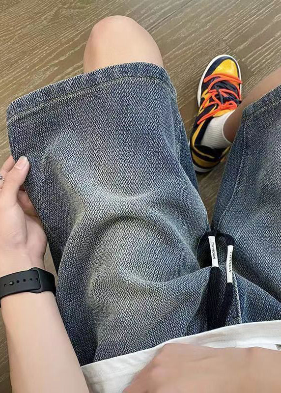 Simple Blue Pockets Elastic Waist Denim Men Shorts Summer