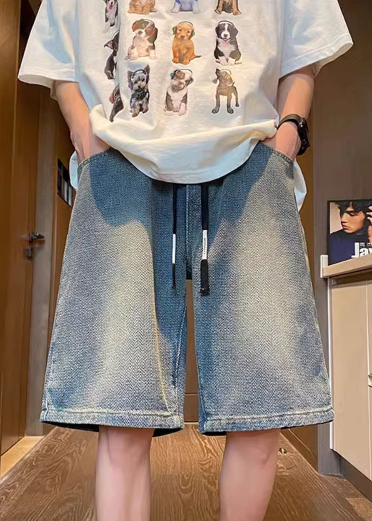 Simple Blue Pockets Elastic Waist Denim Men Shorts Summer
