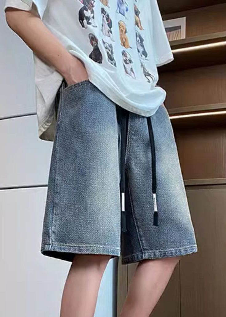 Simple Blue Pockets Elastic Waist Denim Men Shorts Summer