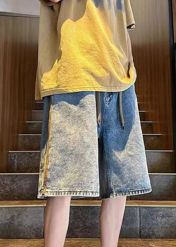 Simple Blue Pockets Elastic Waist Denim Mens Shorts Summer