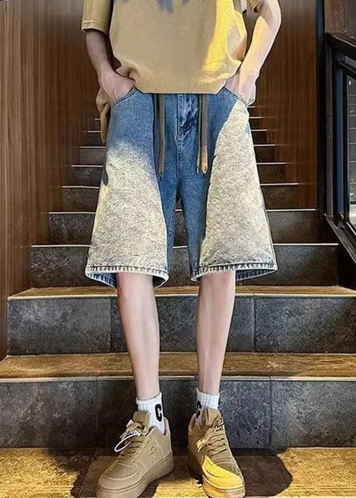 Simple Blue Pockets Elastic Waist Denim Mens Shorts Summer