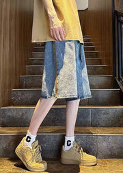 Simple Blue Pockets Elastic Waist Denim Mens Shorts Summer
