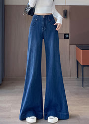 Simple Blue Pockets High Waist Denim Flared Trousers Fall