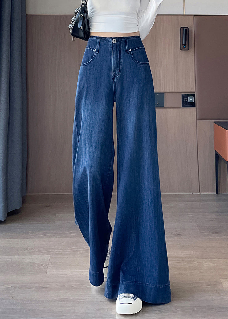 Simple Blue Pockets High Waist Denim Flared Trousers Fall