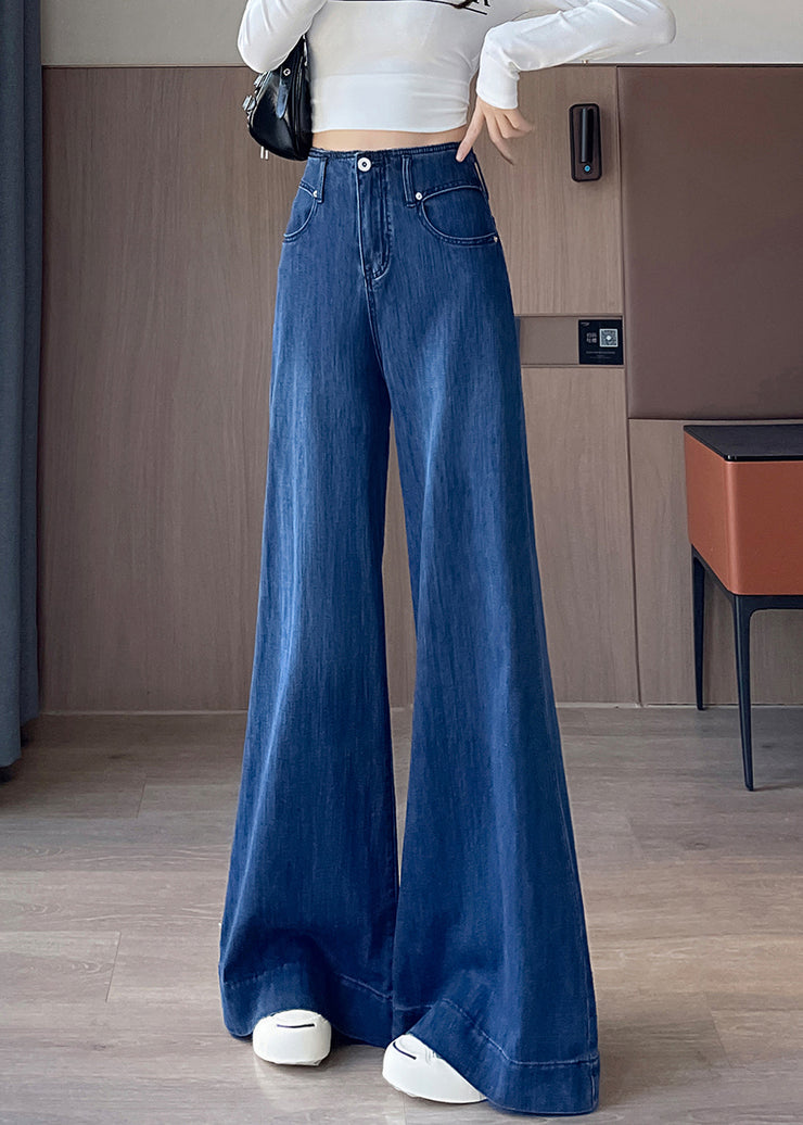 Simple Blue Pockets High Waist Denim Flared Trousers Fall