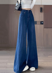 Simple Blue Pockets High Waist Denim Flared Trousers Fall