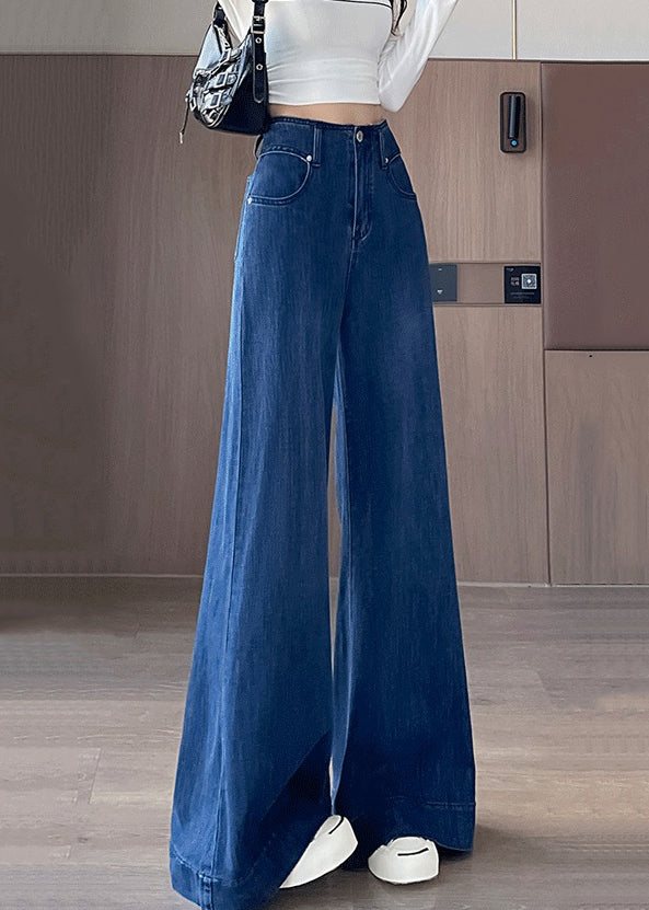 Simple Blue Pockets High Waist Denim Flared Trousers Fall