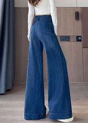 Simple Blue Pockets High Waist Denim Flared Trousers Fall