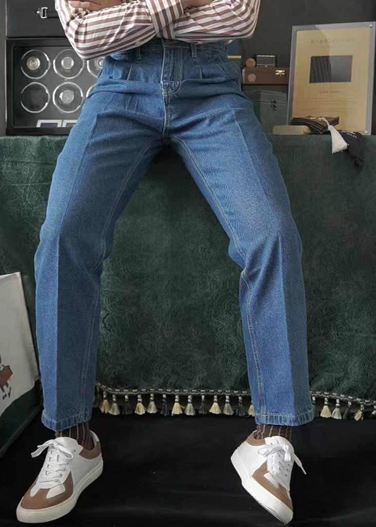 Simple Blue Pockets High Waist Denim Men Pants Fall