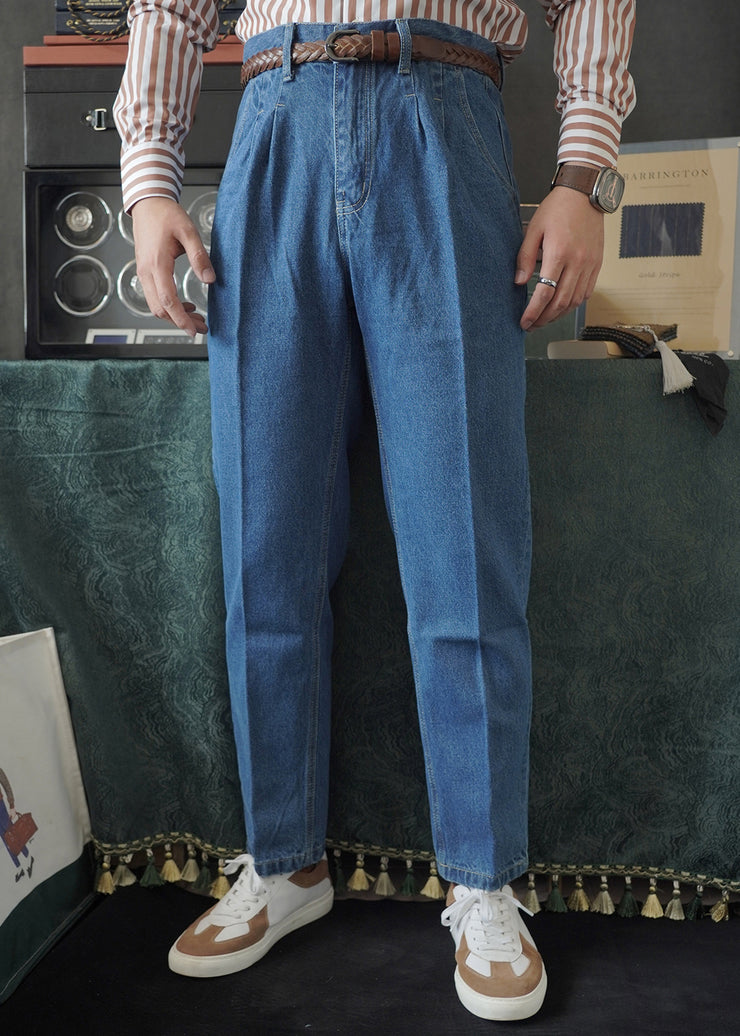 Simple Blue Pockets High Waist Denim Men Pants Fall