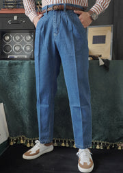 Simple Blue Pockets High Waist Denim Men Pants Fall