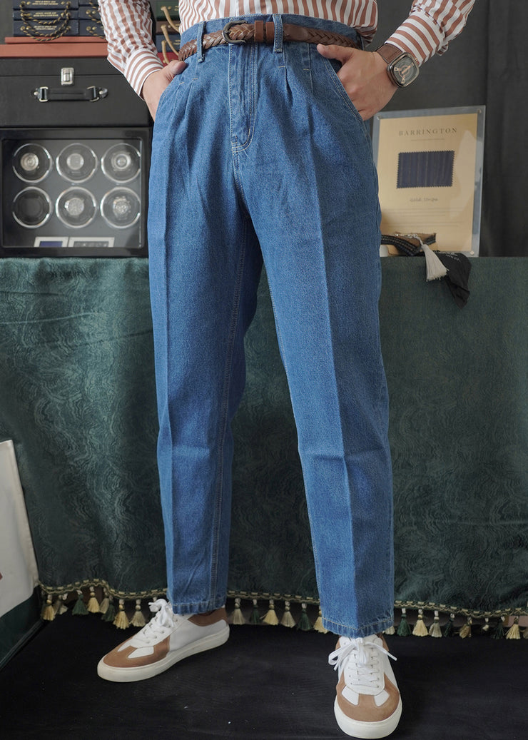 Simple Blue Pockets High Waist Denim Men Pants Fall