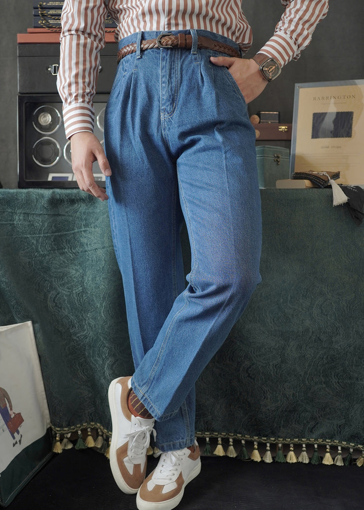 Simple Blue Pockets High Waist Denim Men Pants Fall