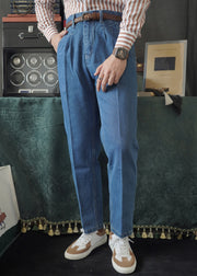 Simple Blue Pockets High Waist Denim Men Pants Fall