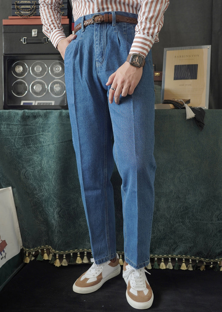 Simple Blue Pockets High Waist Denim Men Pants Fall