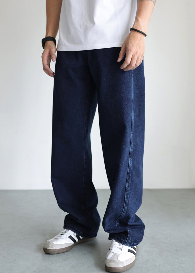 Simple Blue Pockets High Waist Denim Mens Pants Fall