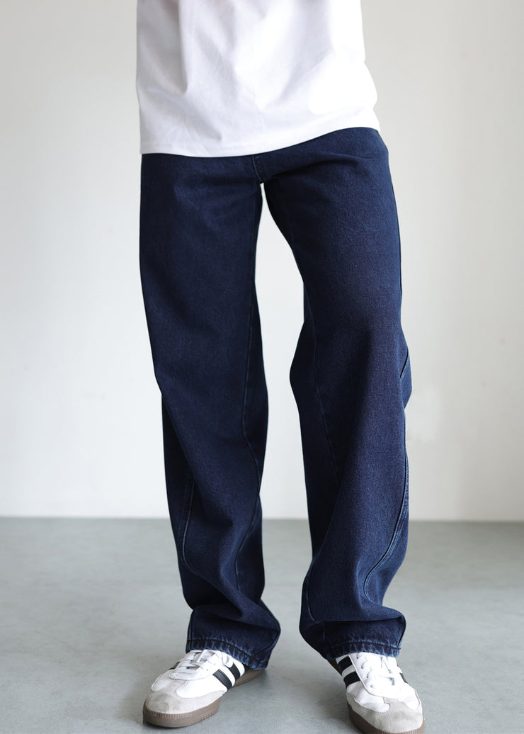 Simple Blue Pockets High Waist Denim Mens Pants Fall