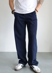 Simple Blue Pockets High Waist Denim Mens Pants Fall