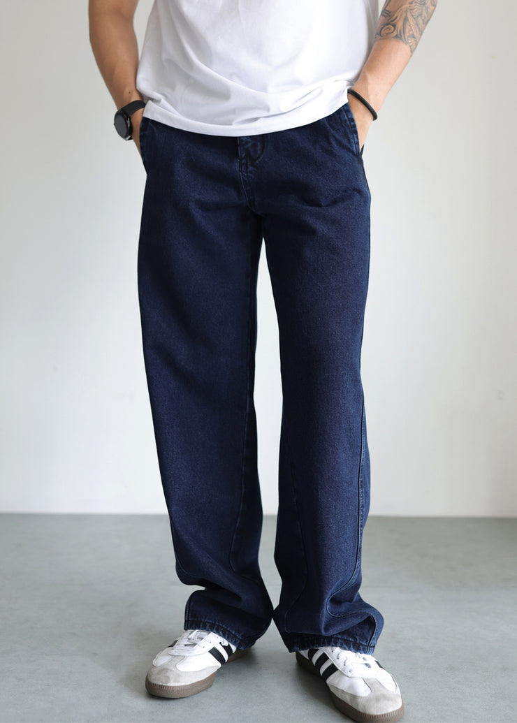 Simple Blue Pockets High Waist Denim Mens Pants Fall