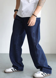 Simple Blue Pockets High Waist Denim Mens Pants Fall
