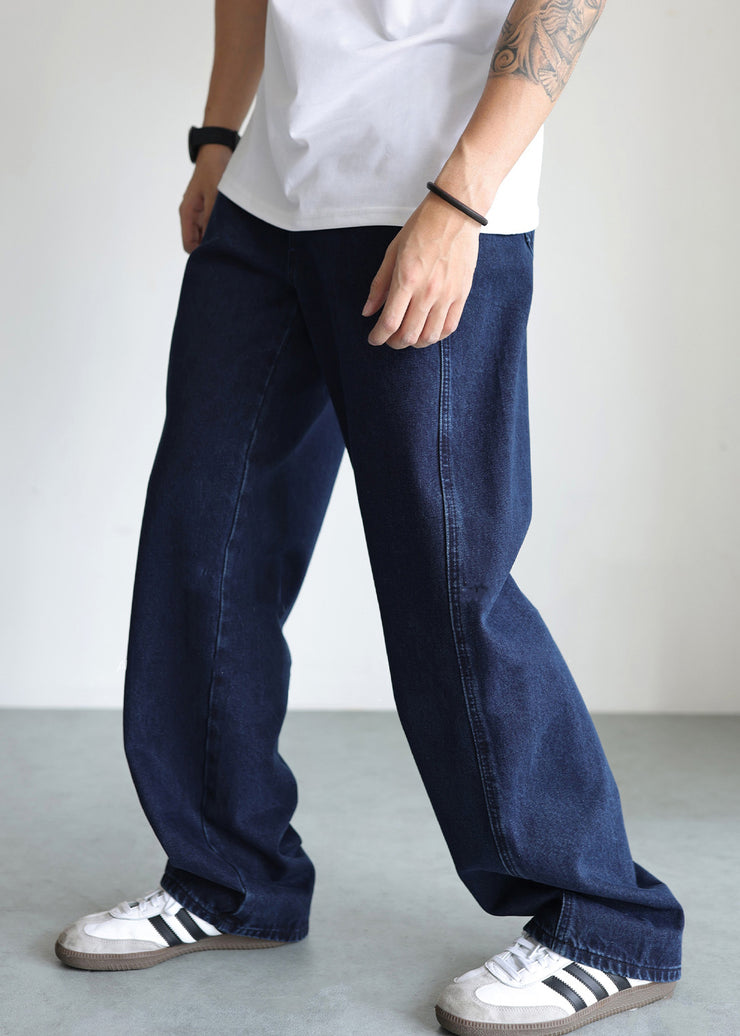 Simple Blue Pockets High Waist Denim Mens Pants Fall