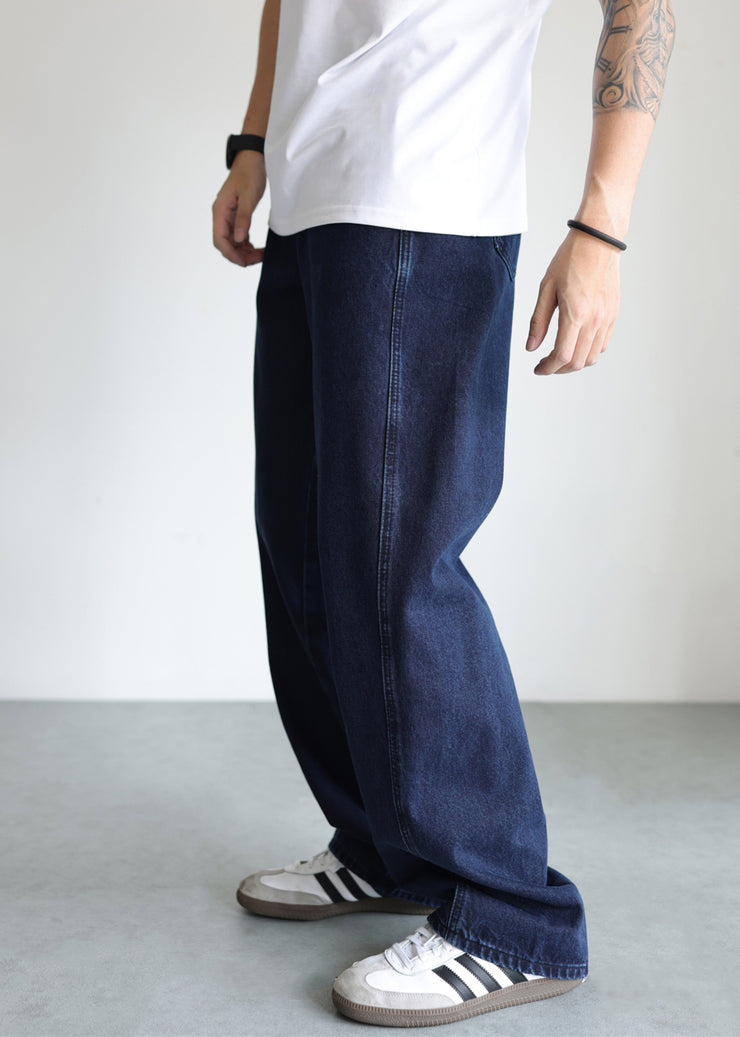 Simple Blue Pockets High Waist Denim Mens Pants Fall