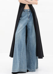 Simple Blue Pockets High Waist Denim Wide Leg Pants Fall