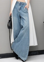 Simple Blue Pockets High Waist Denim Wide Leg Pants Fall