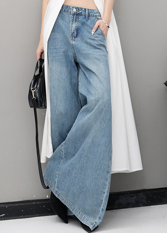 Simple Blue Pockets High Waist Denim Wide Leg Pants Fall