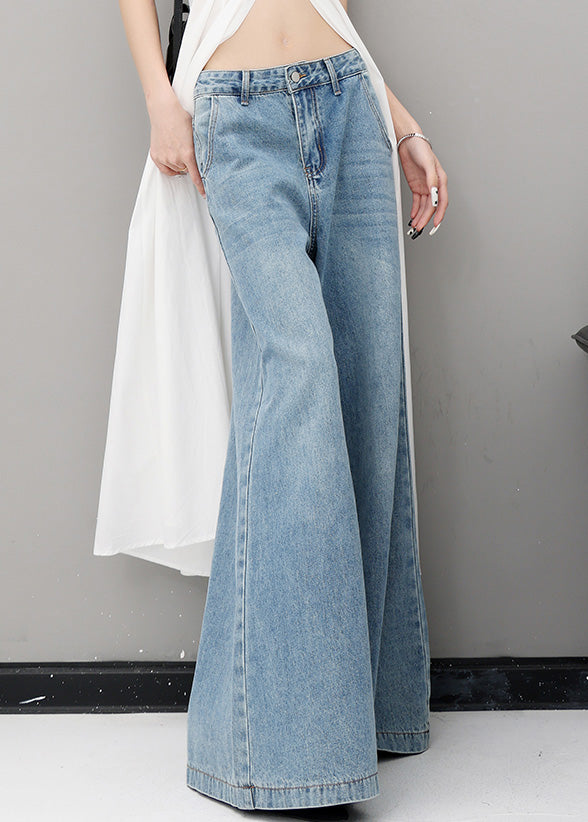 Simple Blue Pockets High Waist Denim Wide Leg Pants Fall
