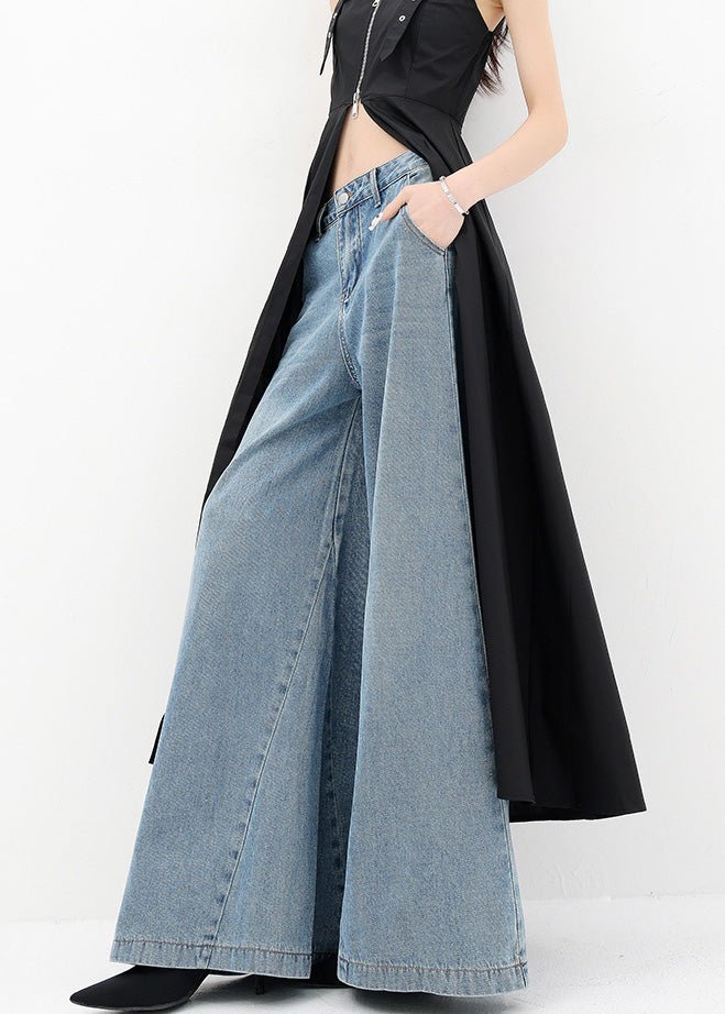 Simple Blue Pockets High Waist Denim Wide Leg Pants Fall