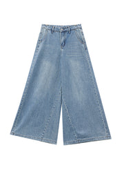 Simple Blue Pockets High Waist Denim Wide Leg Pants Fall