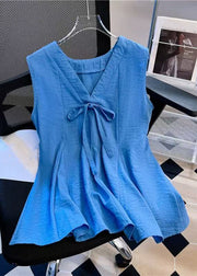 Simple Blue V Neck Bow Solid Cotton Tank Sleeveless