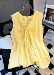 Simple Blue V Neck Bow Solid Cotton Tank Sleeveless