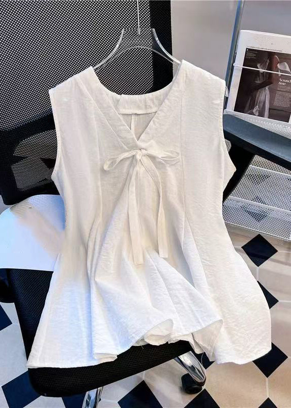 Simple Blue V Neck Bow Solid Cotton Tank Sleeveless